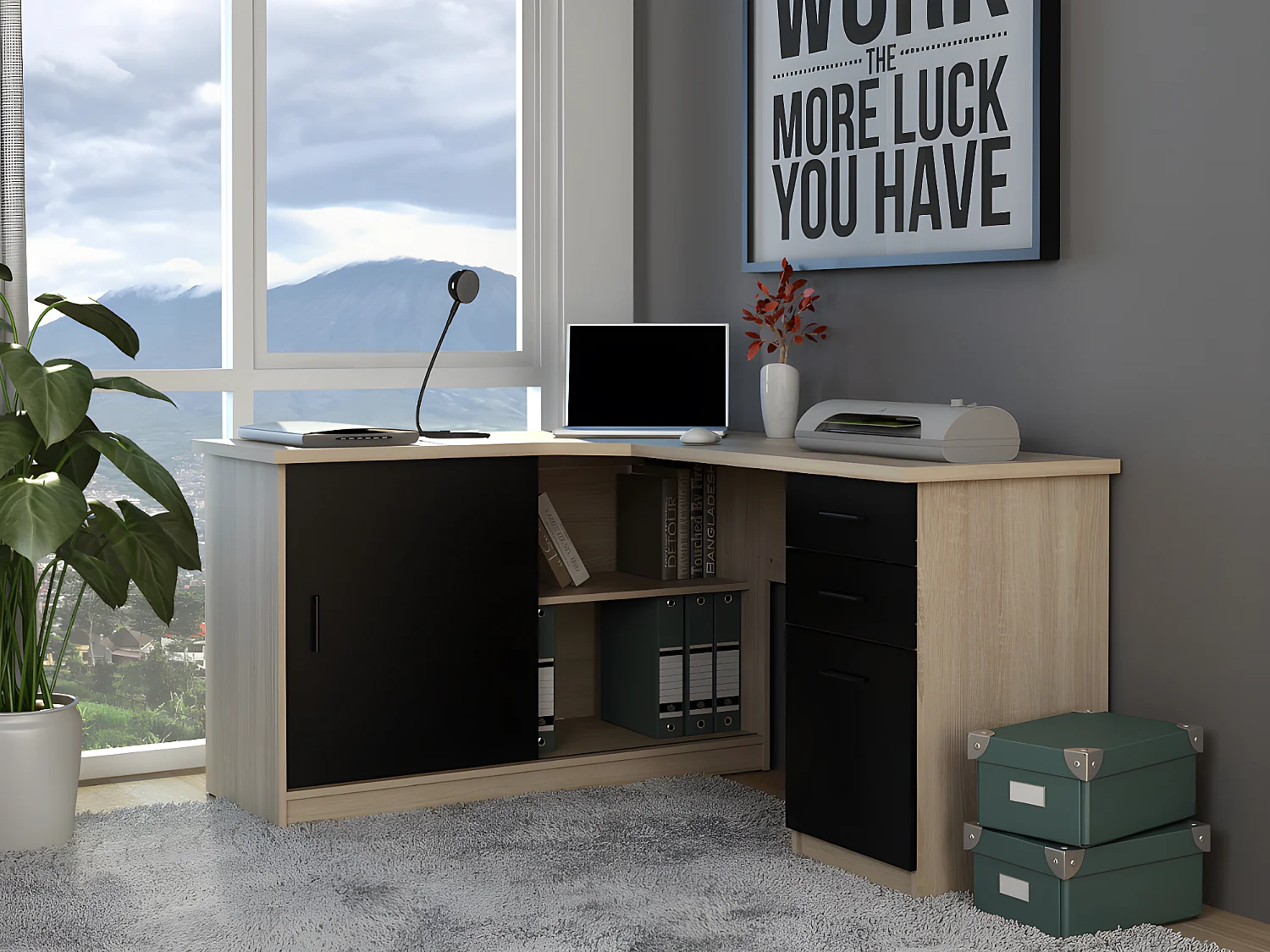 Bureau d'angle NORWY - 2 portes & 2 tiroirs - Chêne et noir