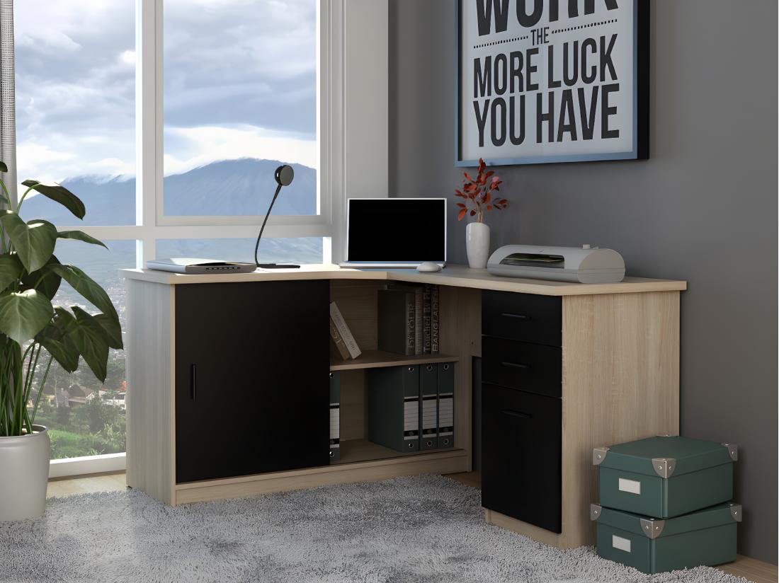 vente unique Bureau d'angle NORWY - 2 portes & 2 tiroirs - Chêne et noir