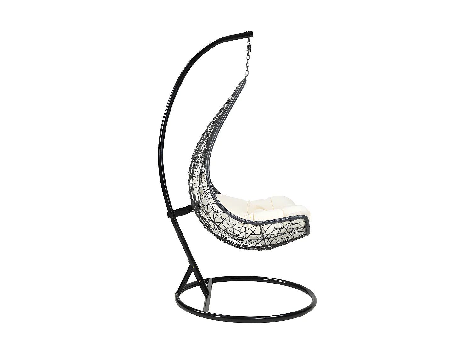 Poltrona sospesa OROSI in resina intrecciata nera e cuscini beige