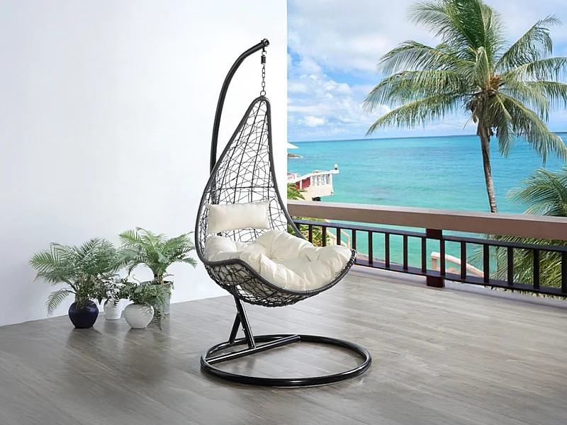 Sillón colgante de resina trenzada antracita y cojines beige - OROSI