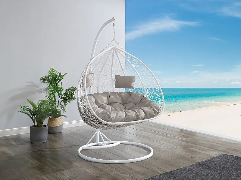 Fauteuil suspendu 2 places  en résine tressée - Blanc avec coussins gris - CAYAMBE de MYLIA