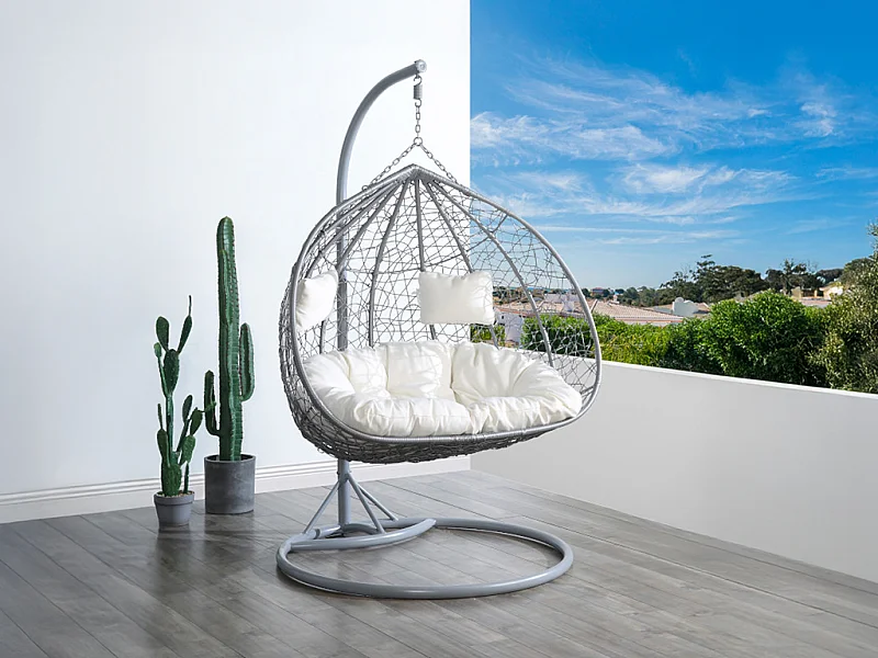 Hängesessel 2-Sitzer Polyrattan - Grau mit weißen Kissen - CAYAMBE von MYLIA