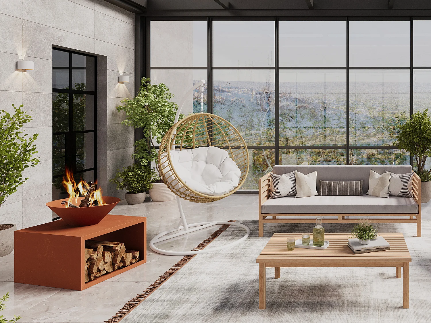 Hengestol i flettet kunstrotting lys natur med hvit pute BONTOC MYLIA