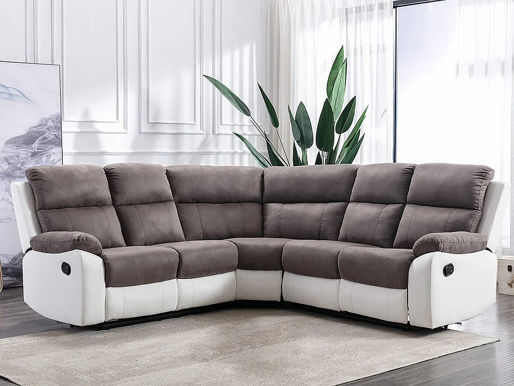Canapé d'angle relax gris et blanc en microfibre et simili TOLZANO