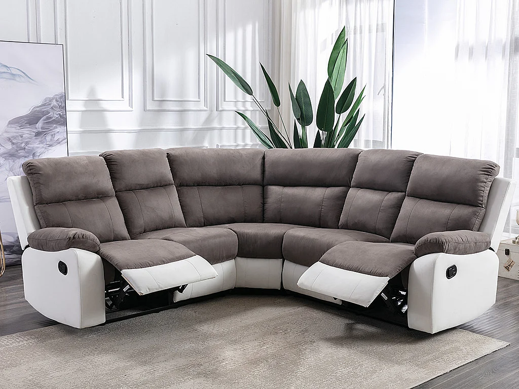 Canapé d'angle relax gris et blanc en microfibre et simili TOLZANO