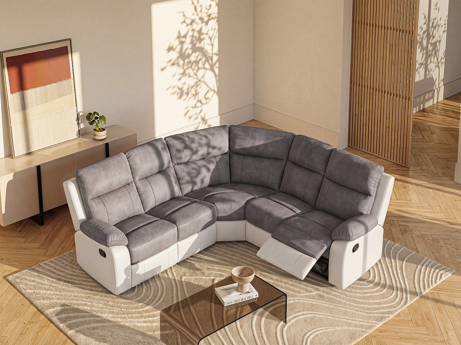 Vente-unique Relaxsofa Ecksofa - Microfaser & Kunstleder - Grau & Weiß - Tolzano