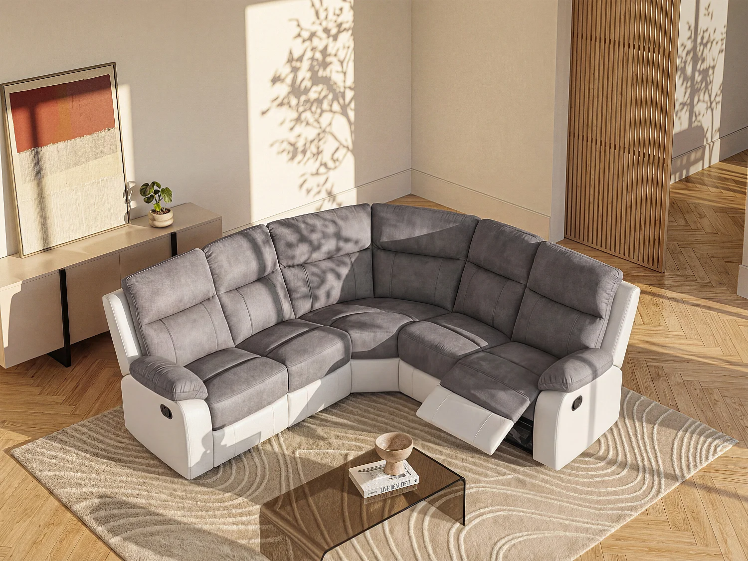 Canapé d'angle relax gris et blanc en microfibre et simili TOLZANO