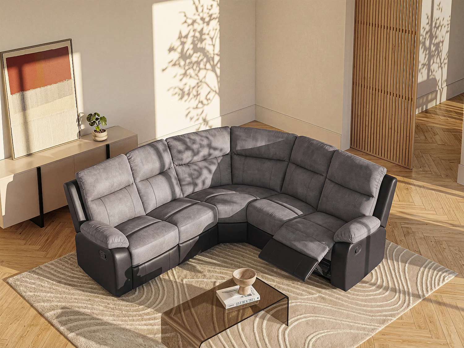 Canapé d'angle relax gris et noir en microfibre et simili TOLZANO