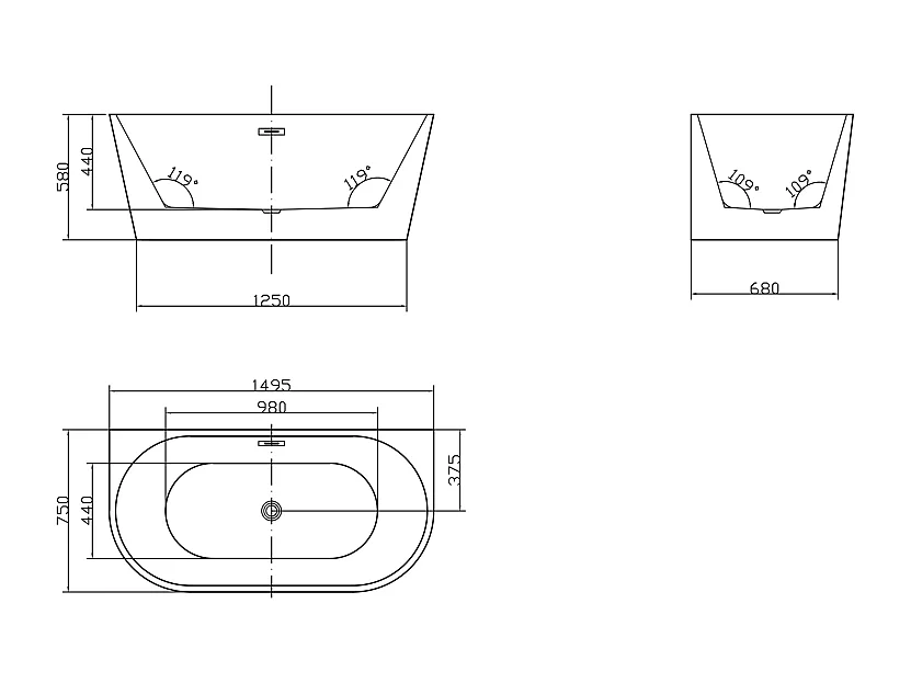 Bañera exenta - 200L - 149,5 x 75 x 58 cm - blanco - Acrílico - DIVINA