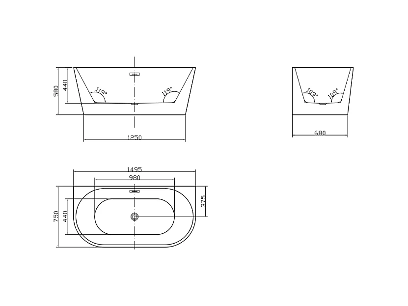 Wanna wolnostojąca przyścienna– DIVINA – 200 l – 150 × 75 × 58 cm – kolor biały