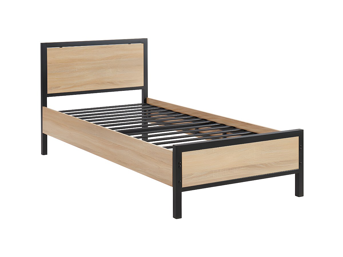 Industrieel bed - 90 x 190 cm - Mdf en metaal - Eiken en zwart. RUFUS