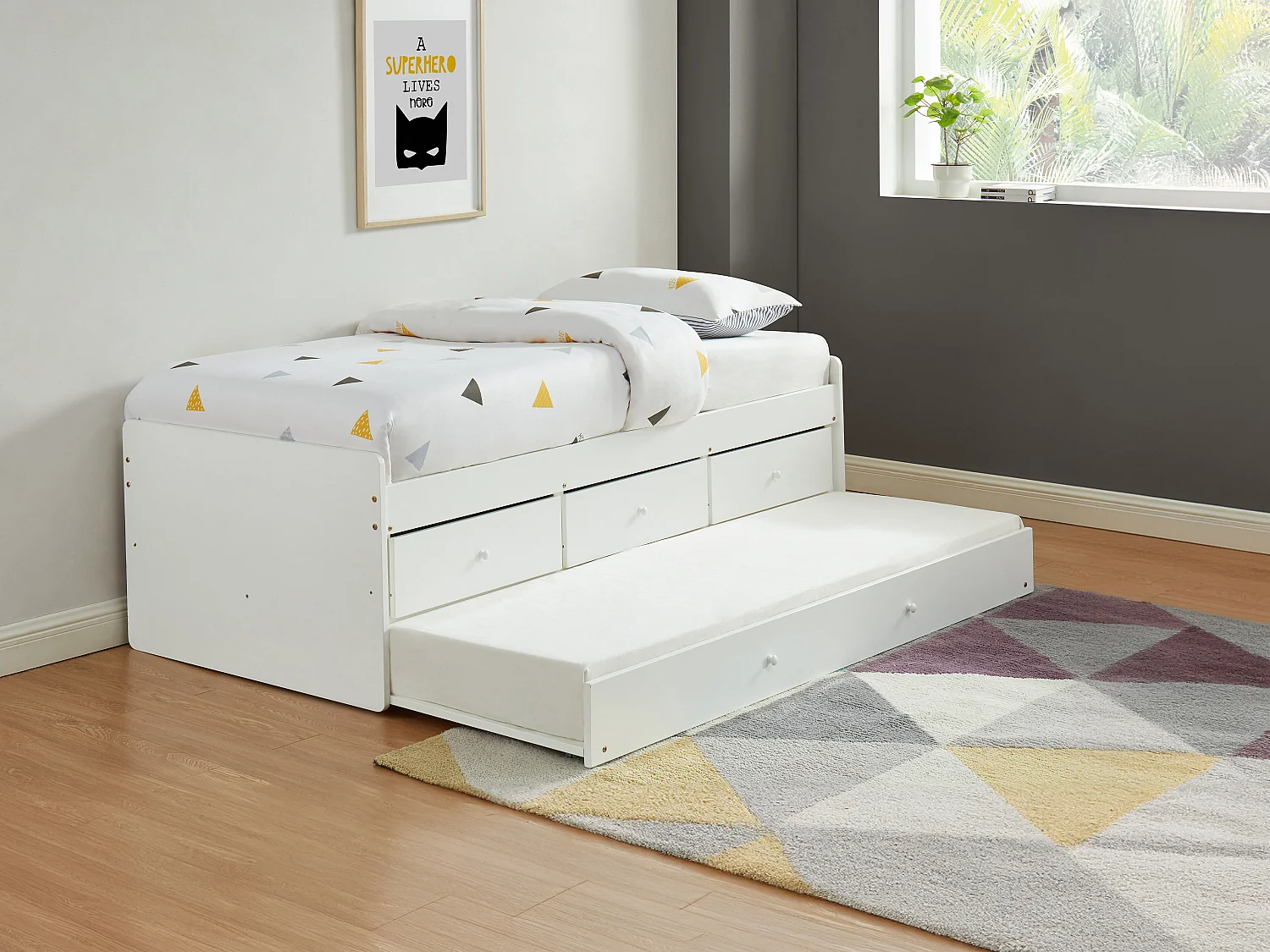 Ausziehbett mit 3 Schubladen - MDF & Kiefernholz - 90 x 190 cm - Weiß  - TITOUAN