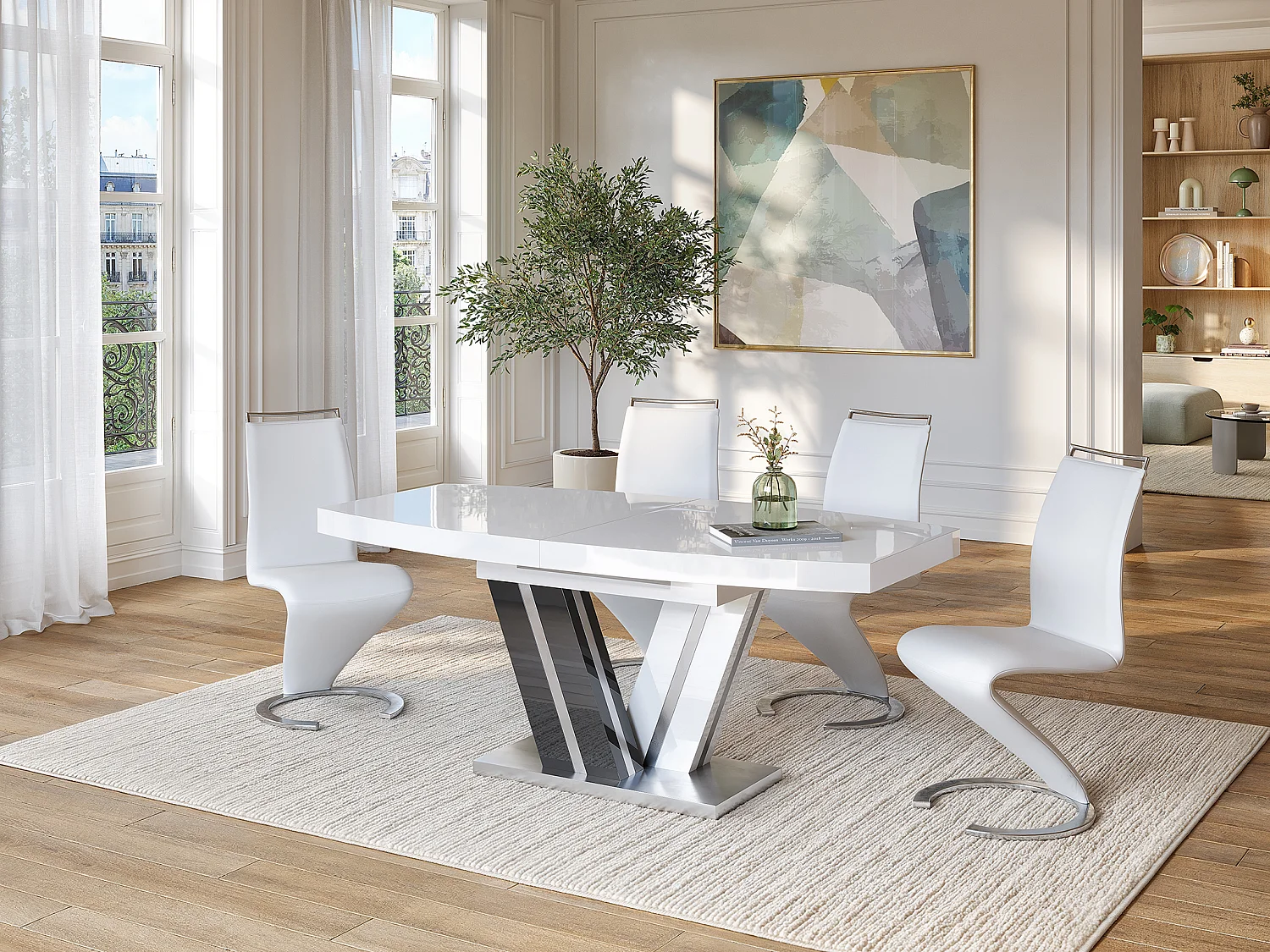 Mesa de refeições extensível NOAMI II - 6 a 8 lugares - MDF lacado cinzento e branco