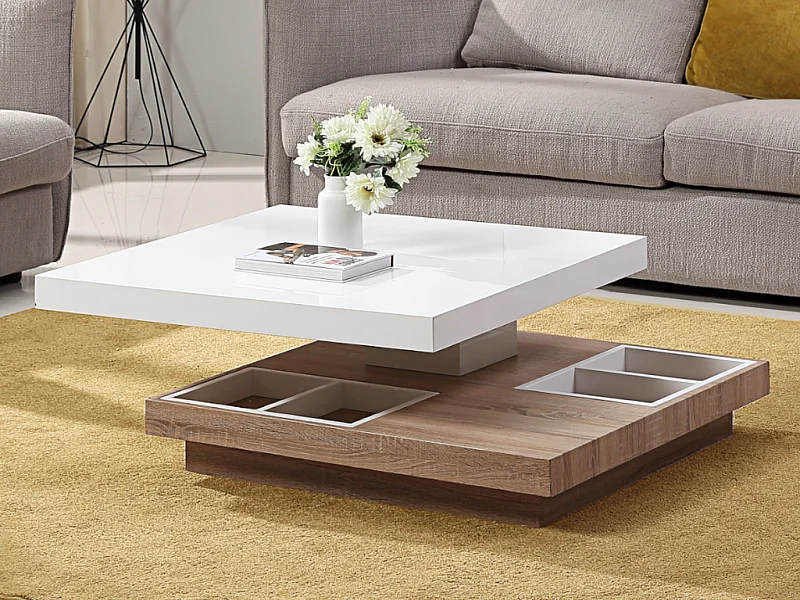 Mesa de centro FAUSTO - Tampo giratório - MDF lacado branco e carvalho