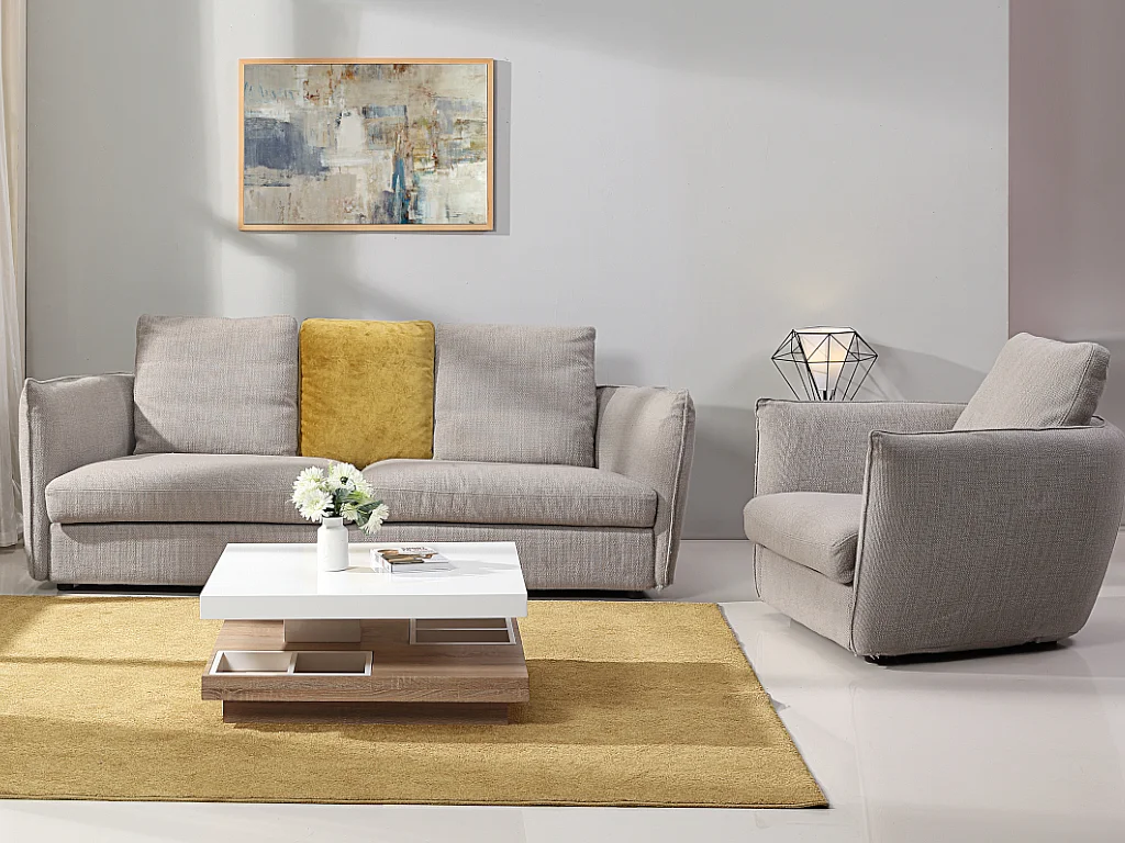 Mesa de centro FAUSTO - Tampo giratório - MDF lacado branco e carvalho