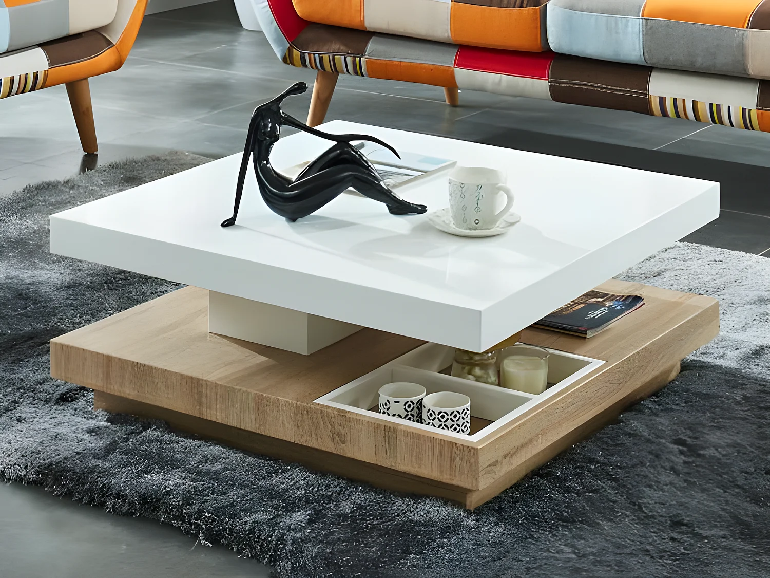 Table basse - Plateau pivotant - MDF laqué blanc et chêne - FAUSTO II