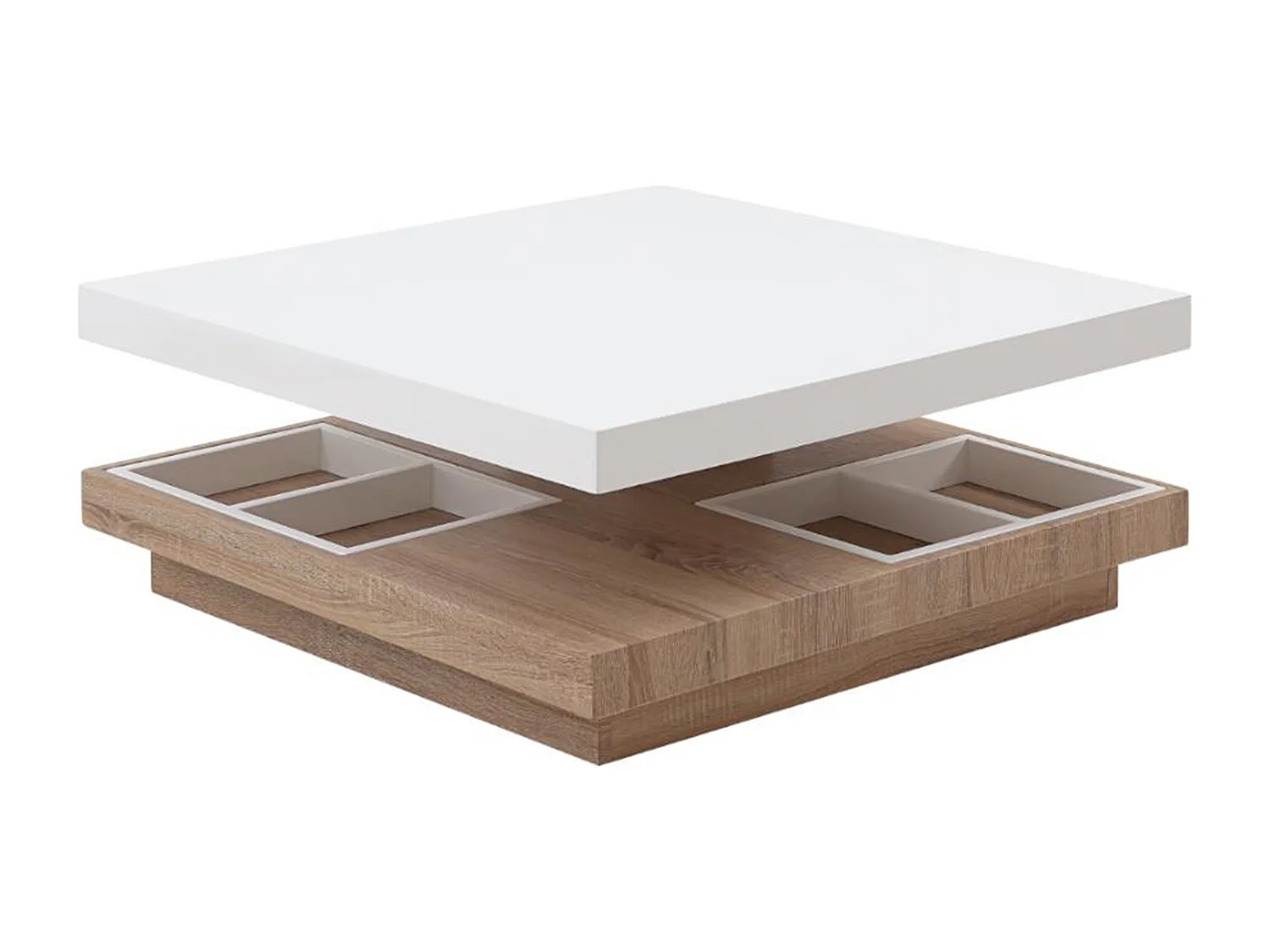 Table basse - Plateau pivotant - MDF laqué blanc et chêne - FAUSTO II