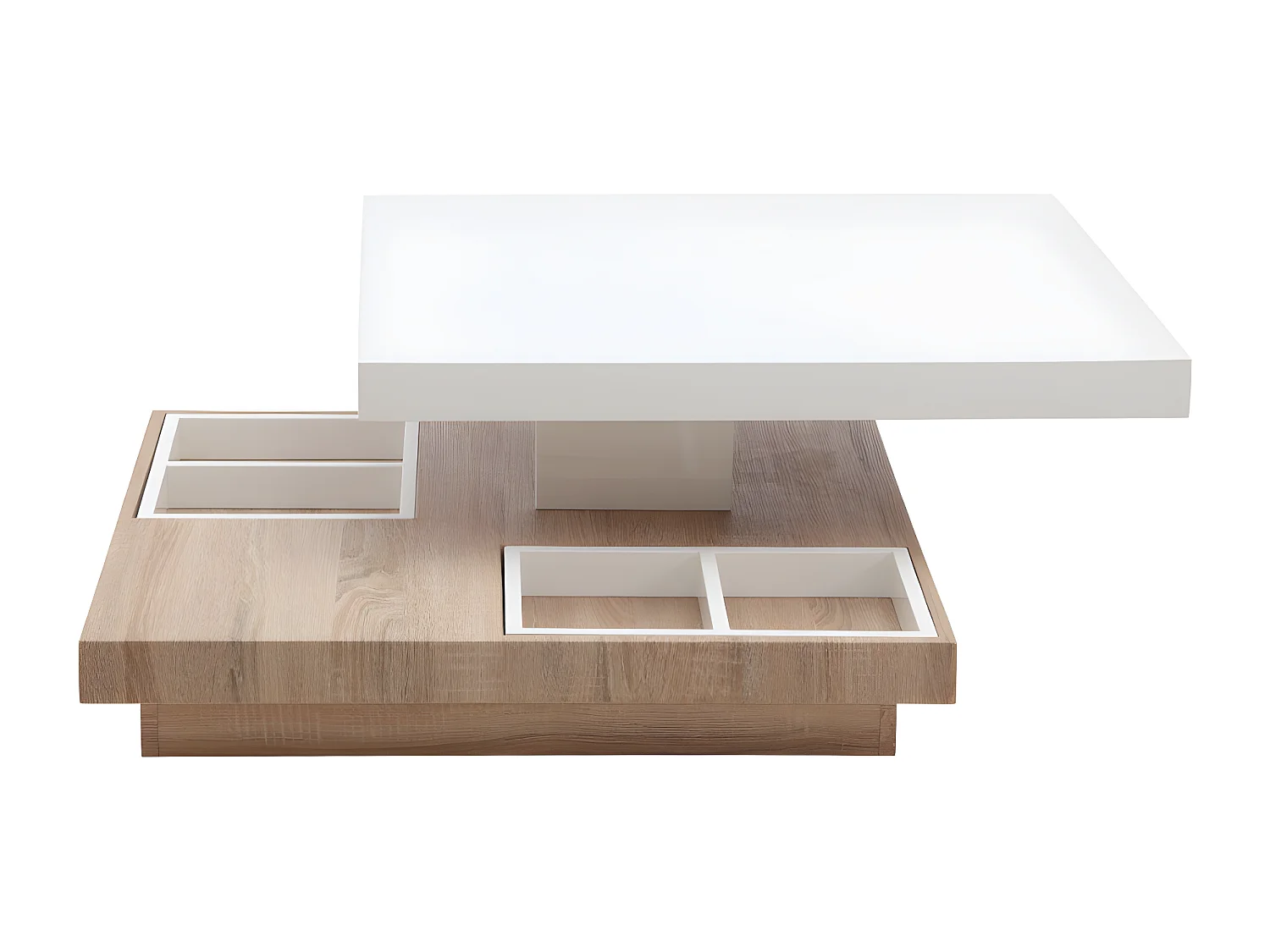 Table basse - Plateau pivotant - MDF laqué blanc et chêne - FAUSTO II