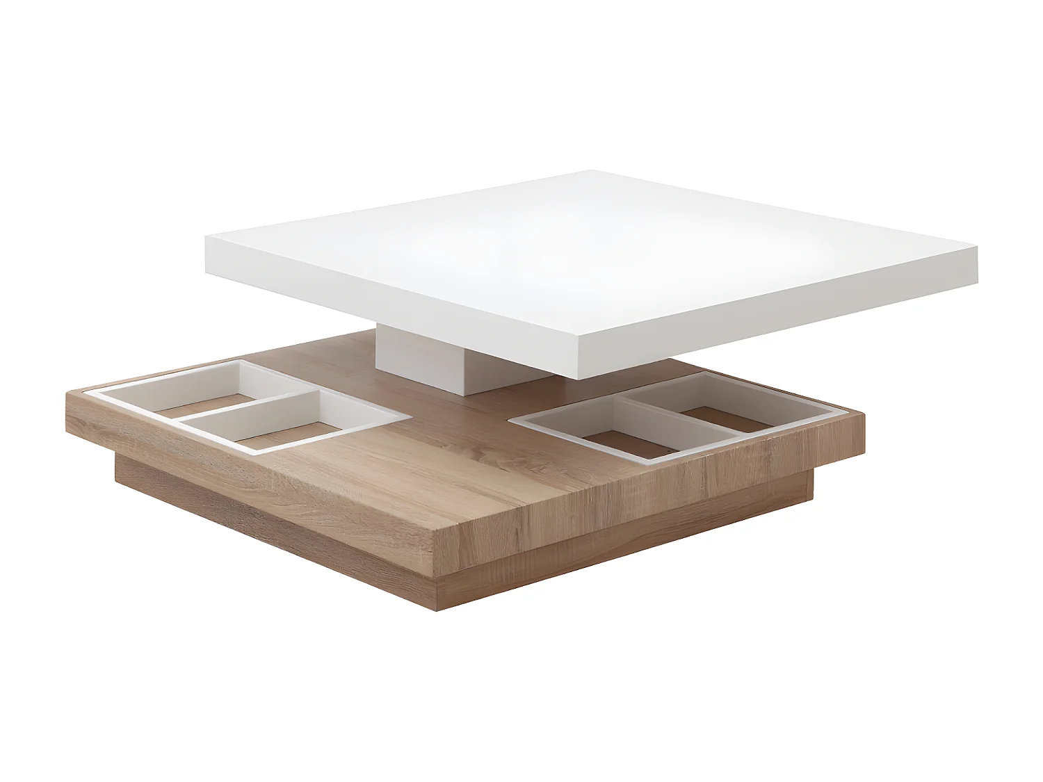 Table basse - Plateau pivotant - MDF laqué blanc et chêne - FAUSTO II