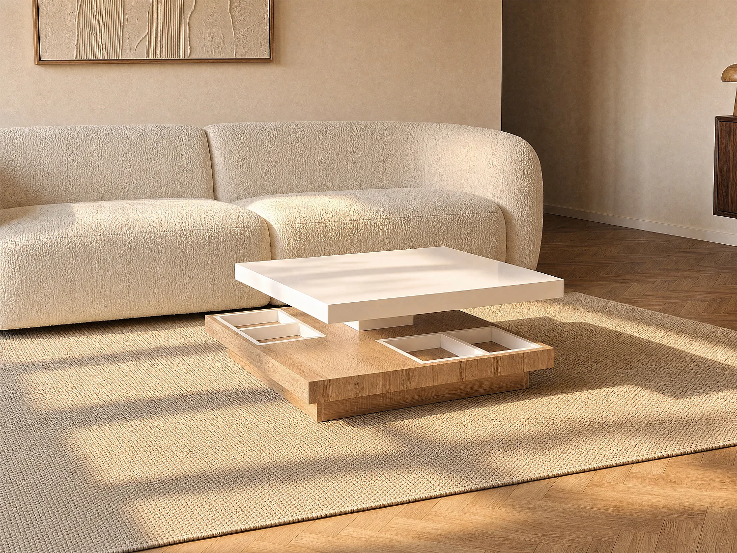 Salontafel FAUSTO II - Draaiblad - Wit gelakt mdf en eiken