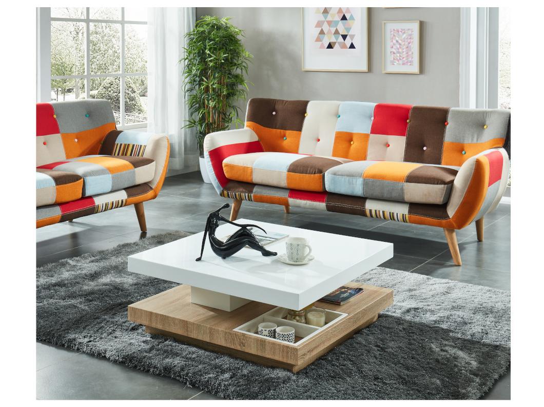 Table basse - Plateau pivotant - MDF laqué blanc et chêne - FAUSTO II