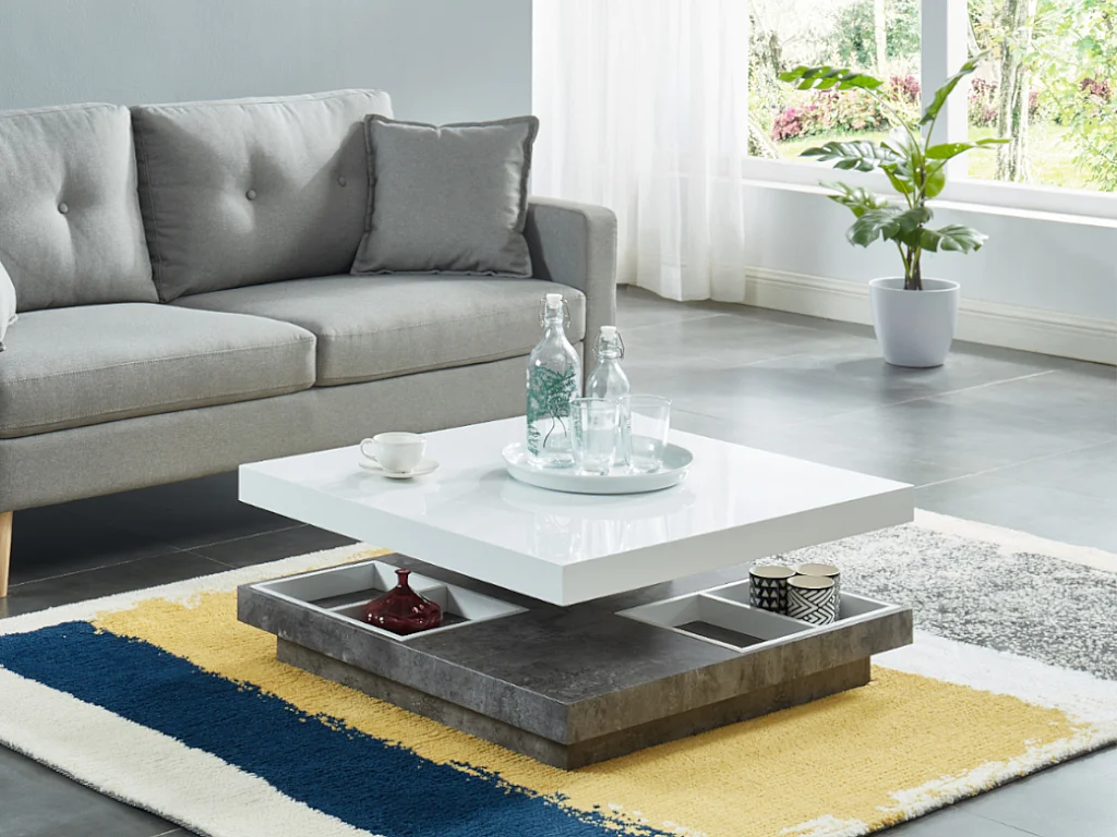 Table basse - Plateau pivotant - MDF laqué blanc et béton - FAUSTO II