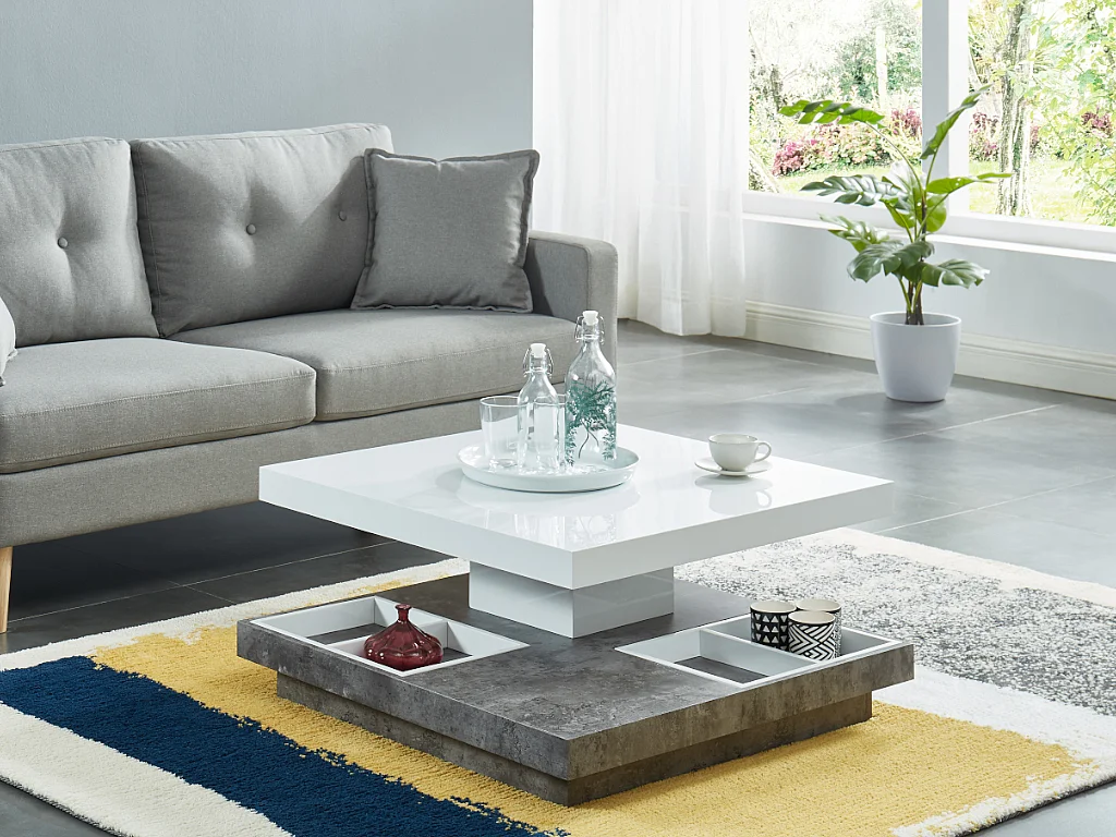 Mesa de centro FAUSTO - Tablero pivotante - MDF lacado blanco y cemento