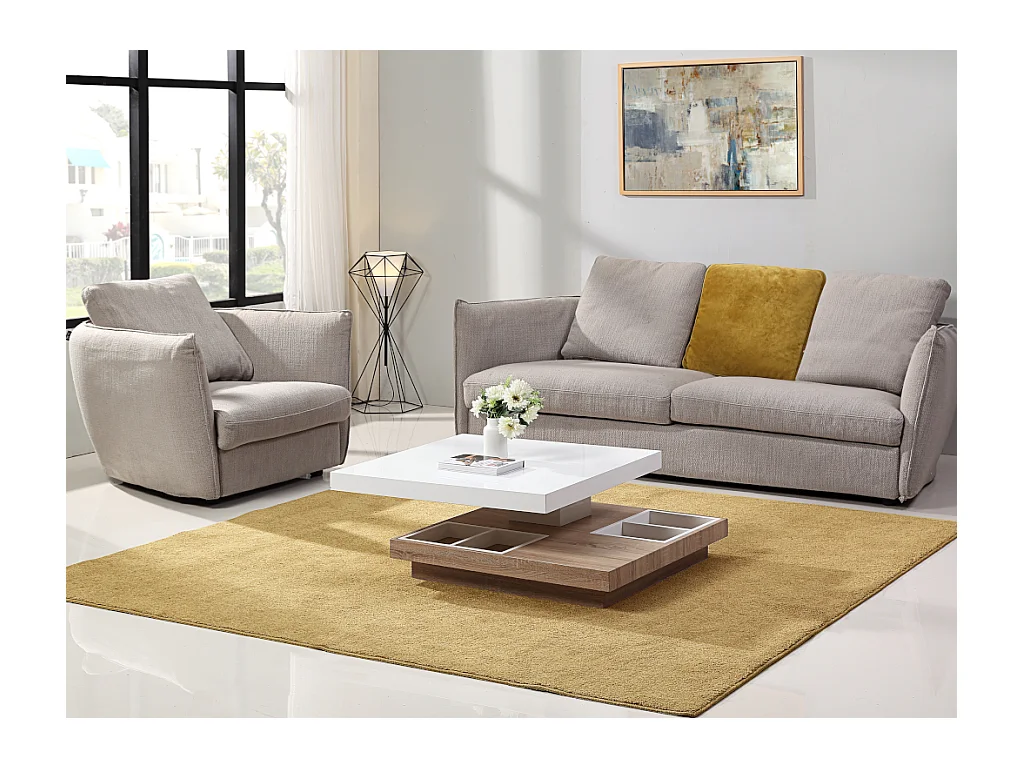 Mesa de centro FAUSTO - Tablero pivotante - MDF lacado blanco y cemento
