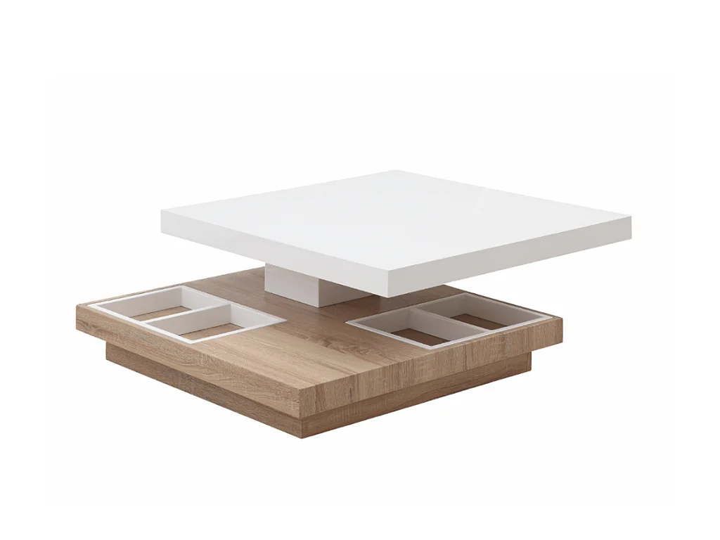 Mesa de centro FAUSTO - Tablero pivotante - MDF lacado blanco y cemento