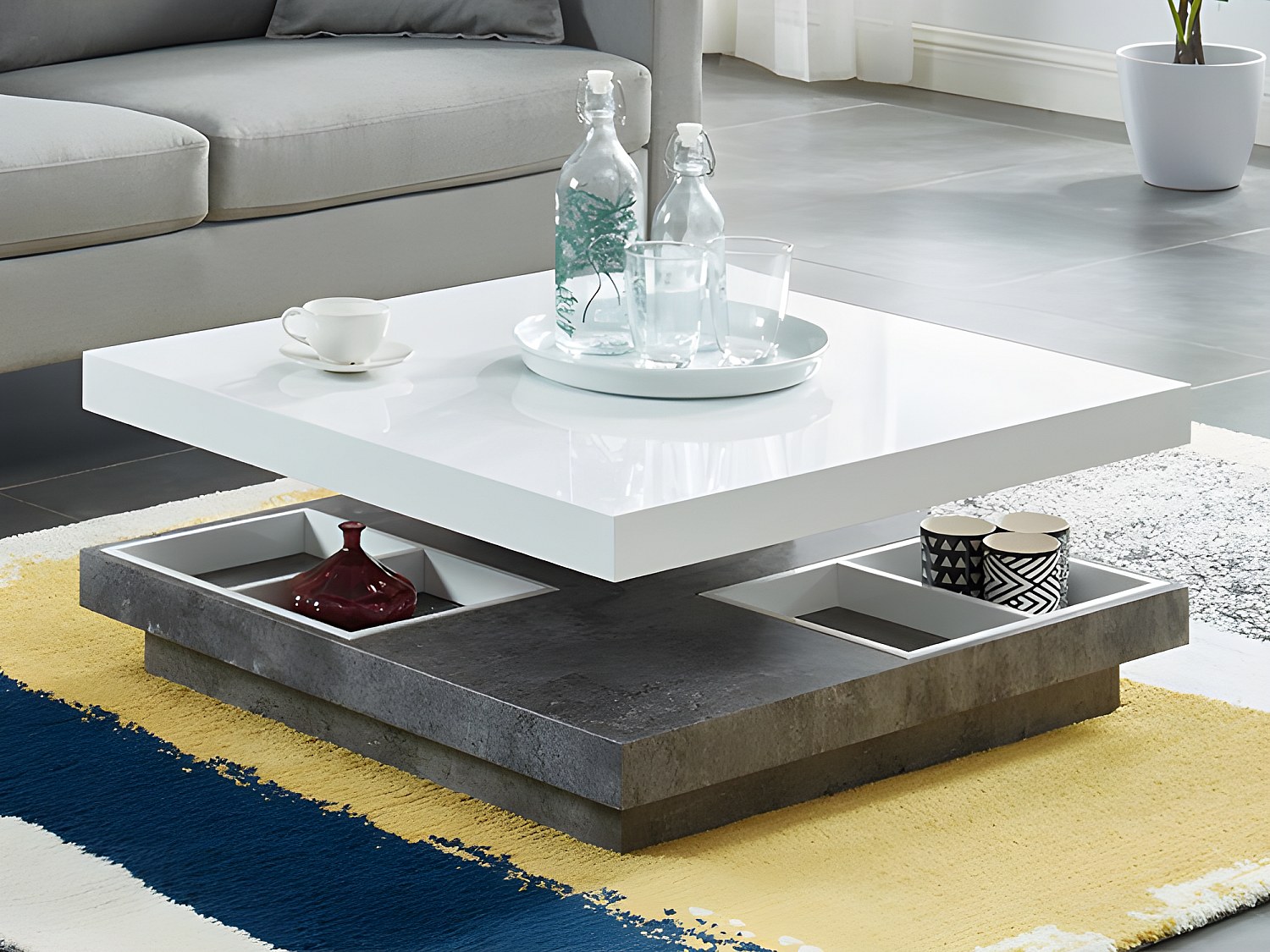 Soffbord - Vridbar skiva - MDF lackad vit och betong - FAUSTO II