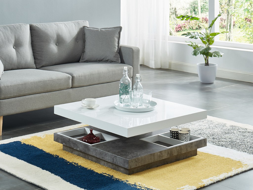 Couchtisch mit drehbarer Tischplatte - MDF - Weiß lackiert & Beton-Optik - günstig online kaufen