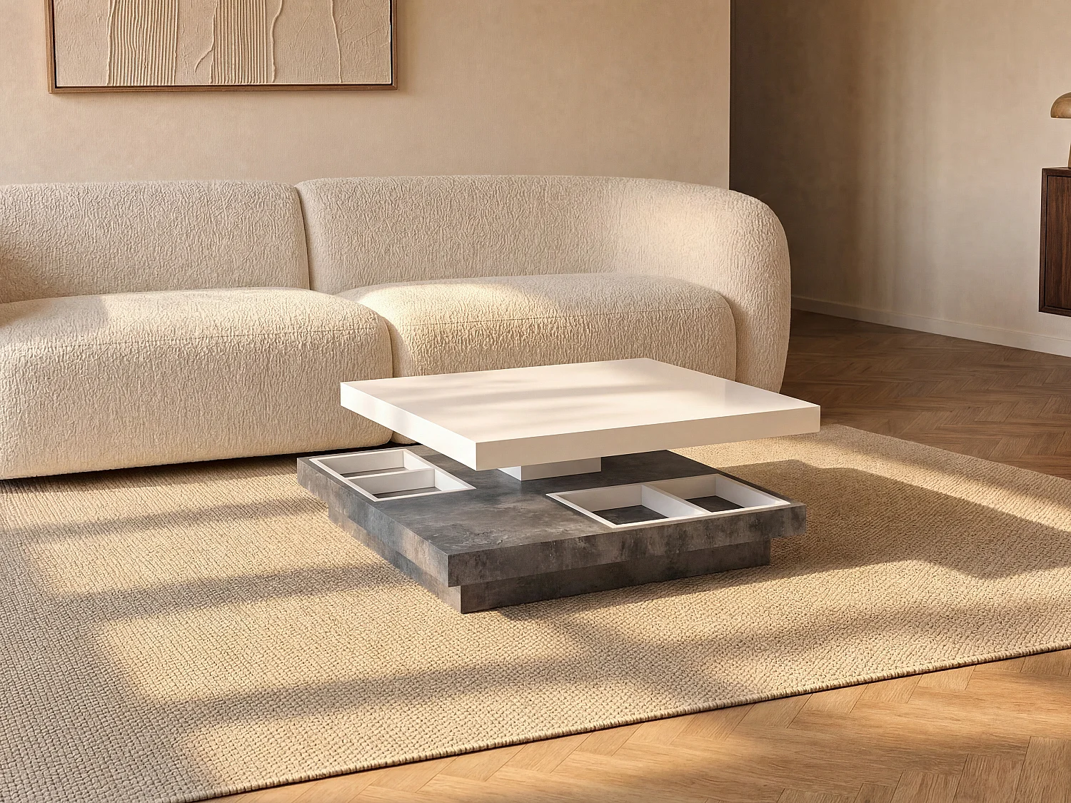 Salontafel FAUSTO II - Draaiblad - Wit gelakt mdf en beton