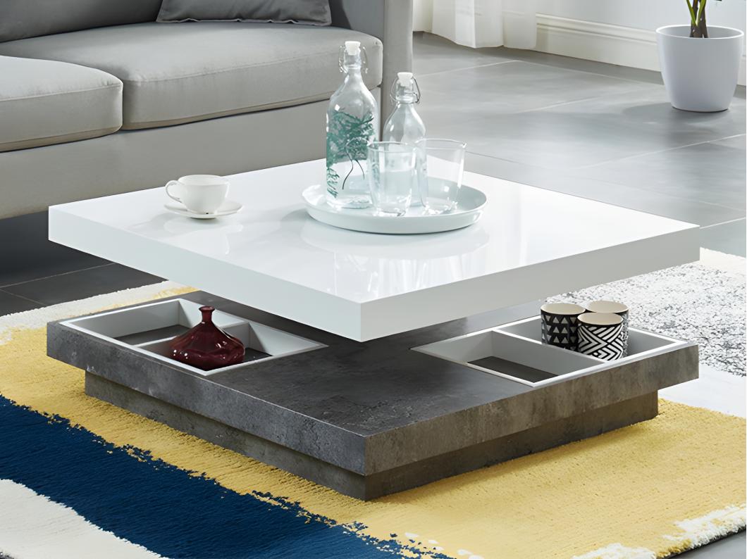 Mesa de centro FAUSTO - Tampo giratório - MDF lacado branco & betão