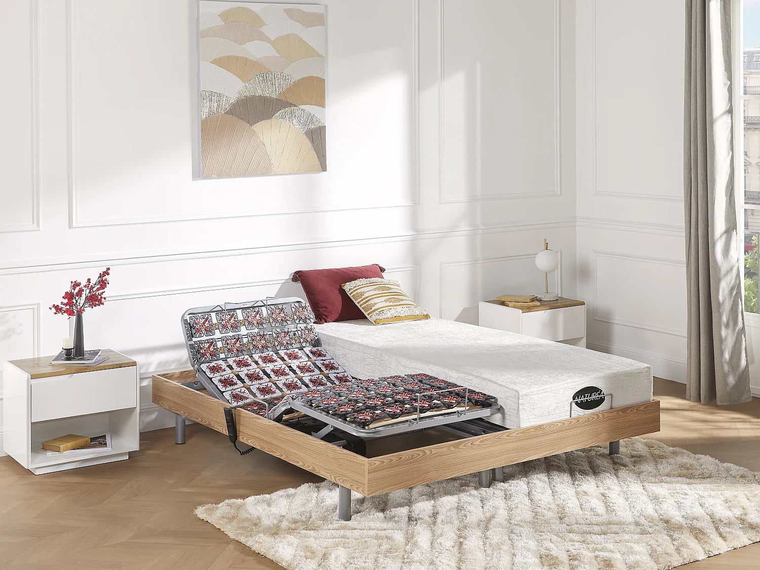 Sommier électrique de relaxation déco 2x48 plots - 2 x 70 x 190 cm - Chêne naturel - NAFURI de YSMÉE