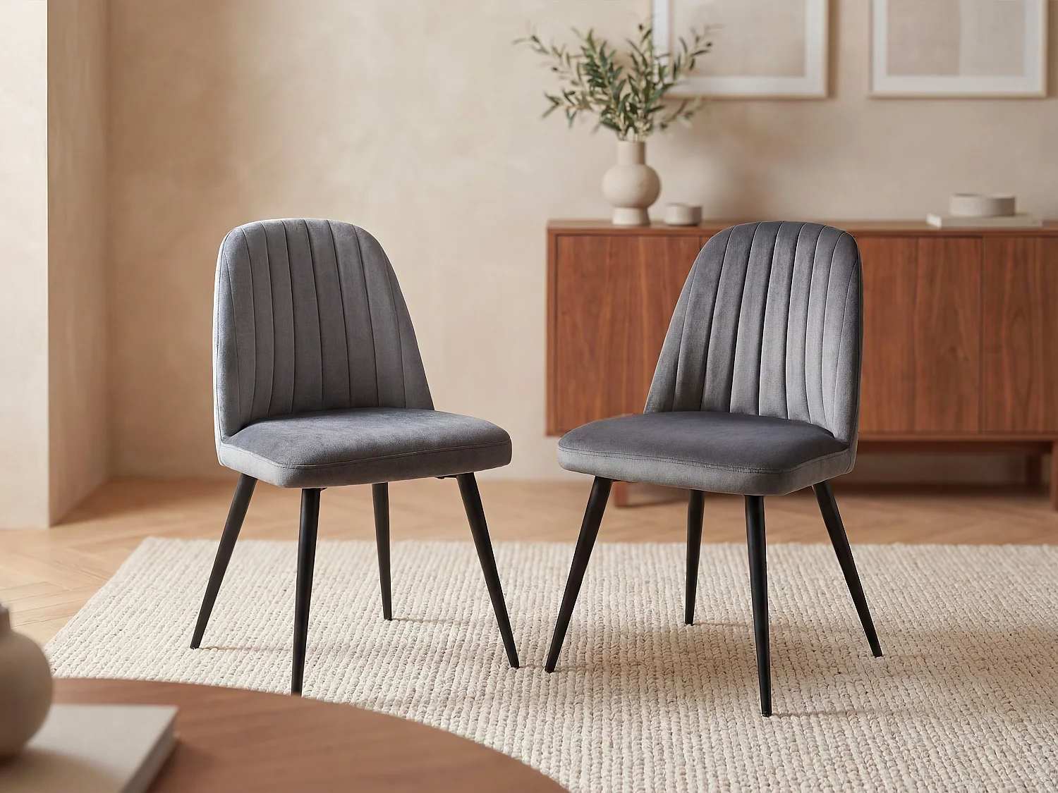 Sæt med 2 stole i velour og sort metal - Grå - ELEANA