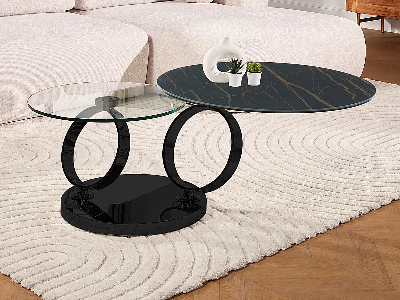 Couchtisch mit drehbaren Tischplatten - Keramik & Glas - Schwarz mit Marmor-Effekt - JOLINE