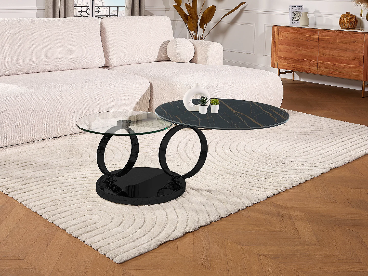 Tavolino con piano girevole in Ceramica effetto marmo e Vetro temperato Nero - JOLINE