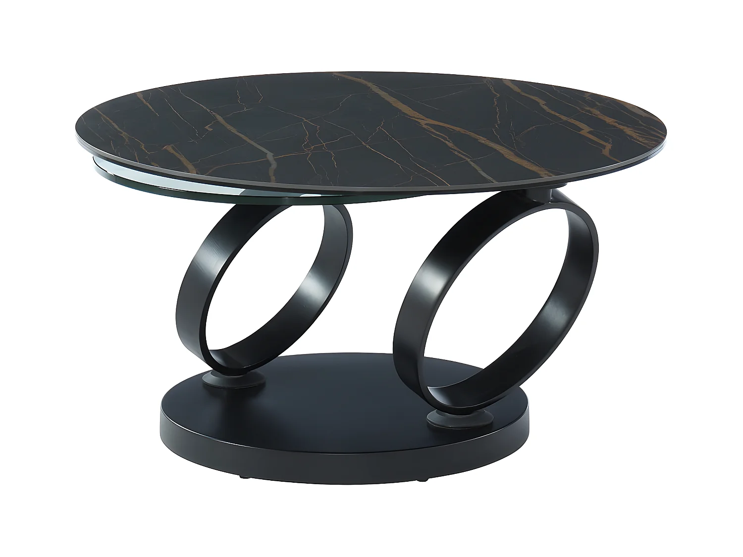 Tavolino con piano girevole in Ceramica effetto marmo e Vetro temperato Nero - JOLINE