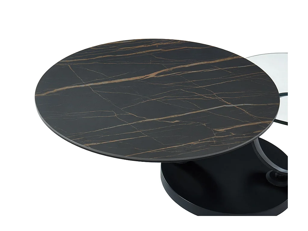 Tavolino con piano girevole in Ceramica effetto marmo e Vetro temperato Nero - JOLINE
