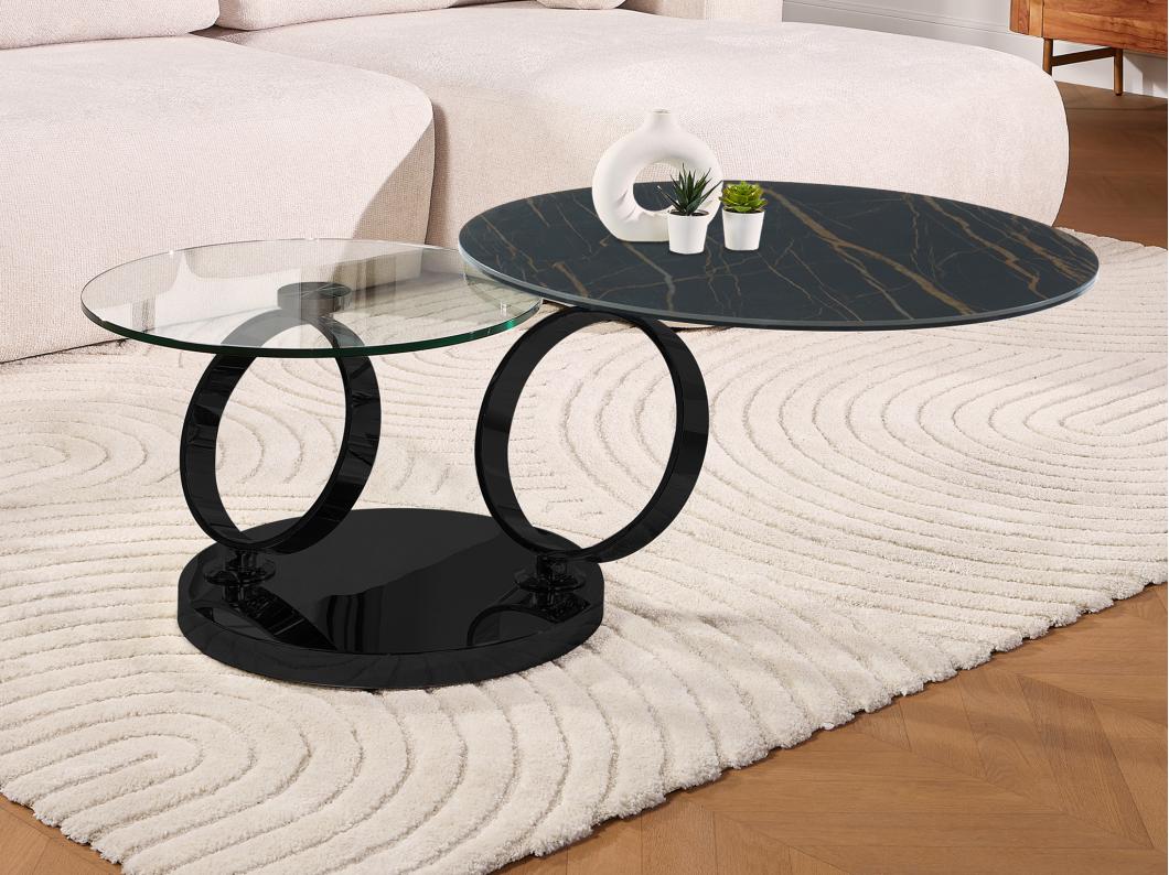 Table basse avec plateaux pivotants en céramique, verre trempé et métal - Effet marbre noir - JOLINE de Maison Céphy