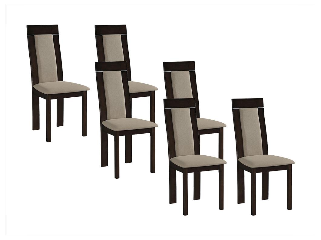 Lot de 6 chaises BELINDA - Hêtre et tissu - Coloris : Noyer et Beige