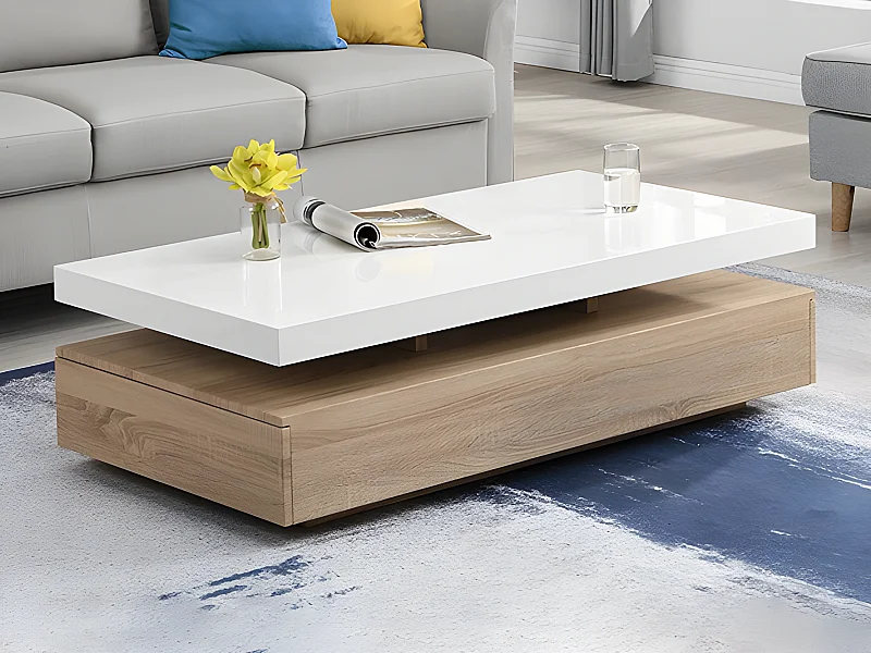 Table basse avec 2 tiroirs en MDF - Naturel clair et blanc - FELIX