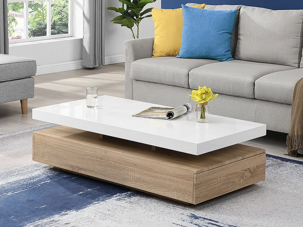Table basse avec 2 tiroirs en MDF - Naturel clair et blanc - FELIX