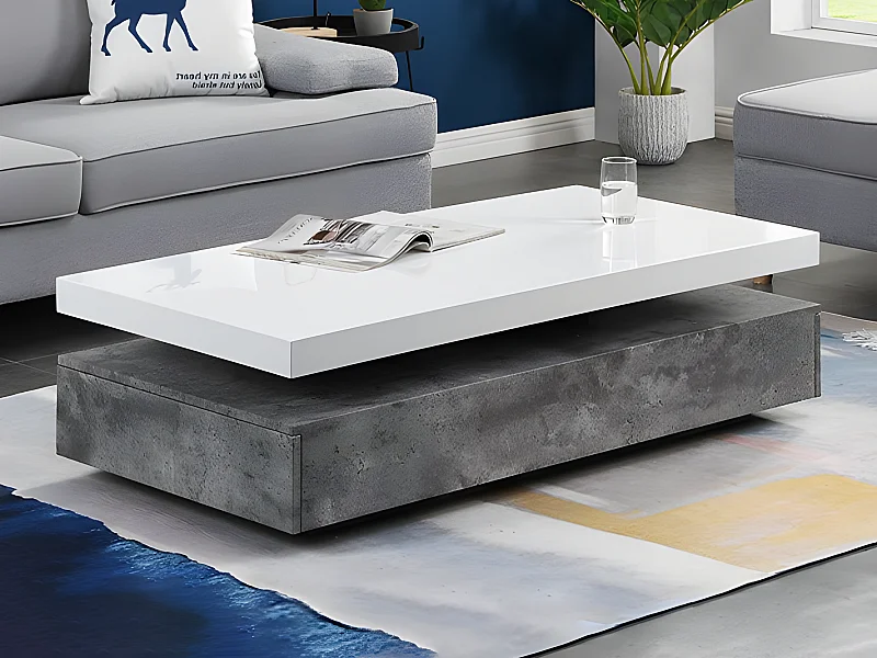 Mesa de centro com 2 gavetas em MDF cor cinza cimento e branco - FELIX