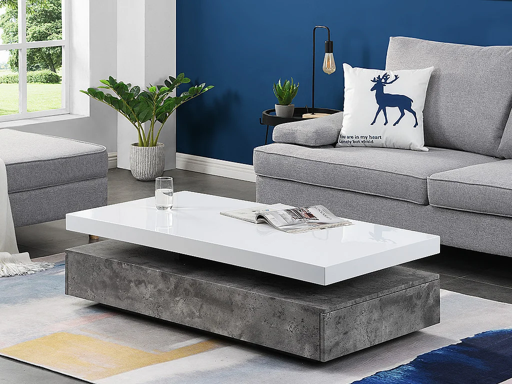 Table basse avec 2 tiroirs en MDF - Béton et blanc - FELIX
