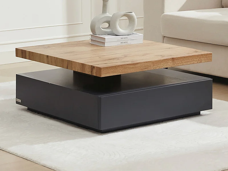 Table basse pivotante avec 1 tiroir en MDF - Anthracite et naturel - KYRIA