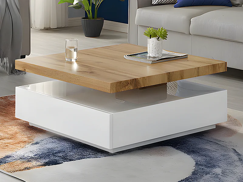Table basse pivotante avec 1 tiroir en MDF - Blanc et Naturel - KYRIA