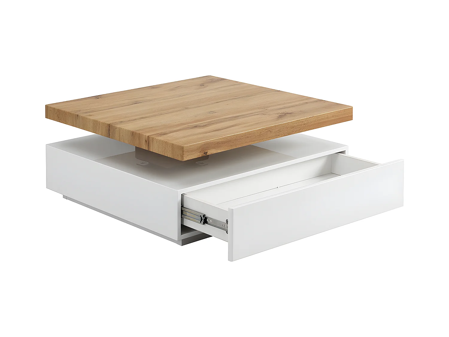 Mesa de centro KYRIA - 1 cajón y tablero pivotante - MDF - Color: blanco y roble