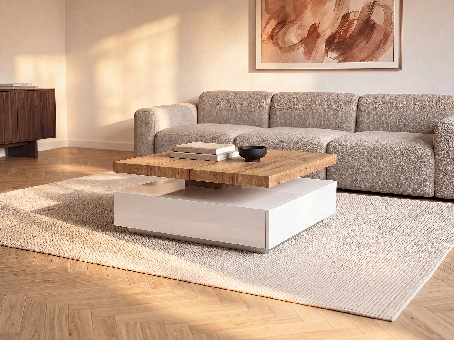 Couchtisch drehbar - 1 Schublade - MDF - Weiß & Holzfarben - KYRIA