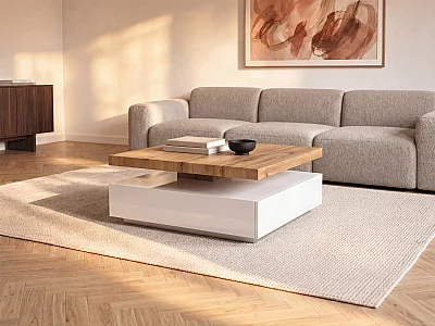 Table basse pivotante avec 1 tiroir en MDF - Blanc et Naturel - KYRIA